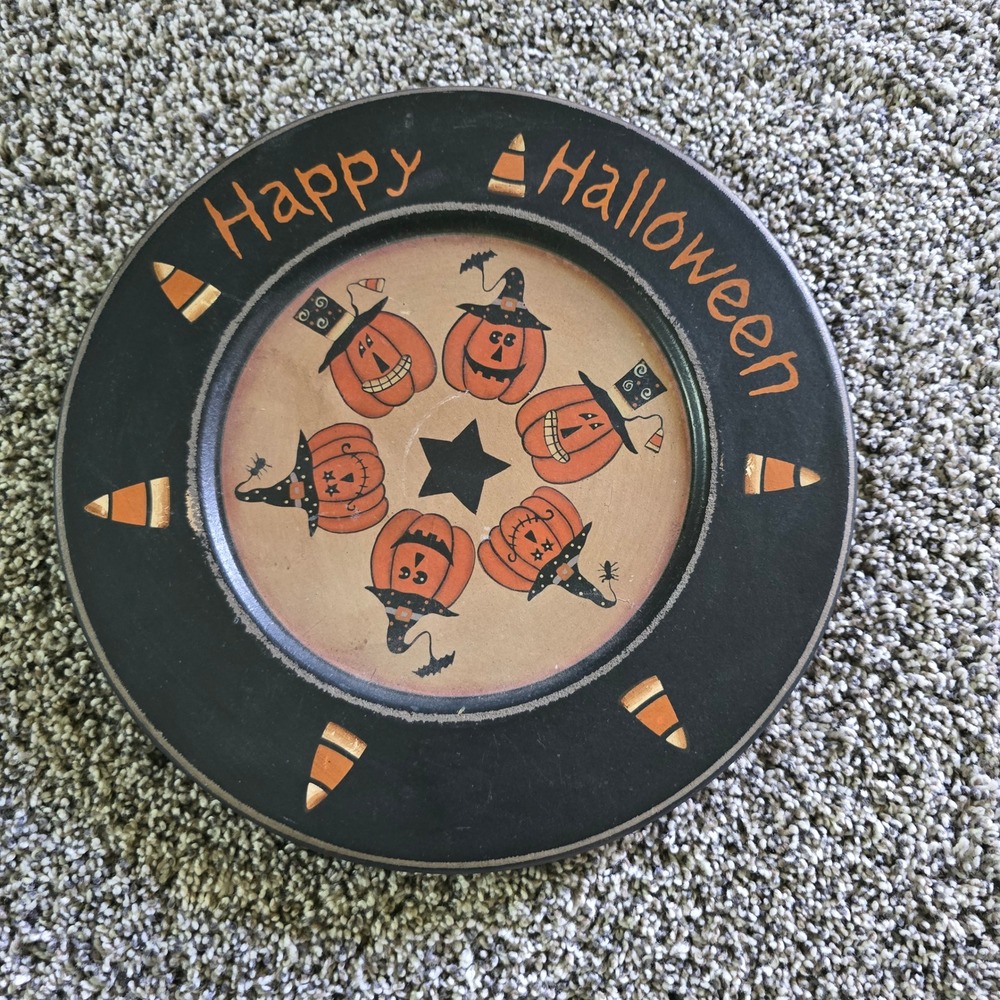 Primitive Halloween Decorative Plate 11.5in Black Pumpkin Art Cottagecore